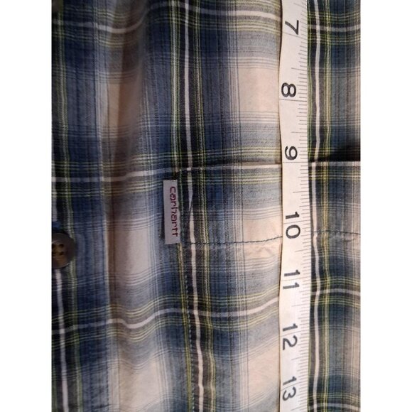 Carhartt Mens Plaid Button-Up Shirt L Regular Green Blue & White 100% Cotton Lon - Picture 5 of 7